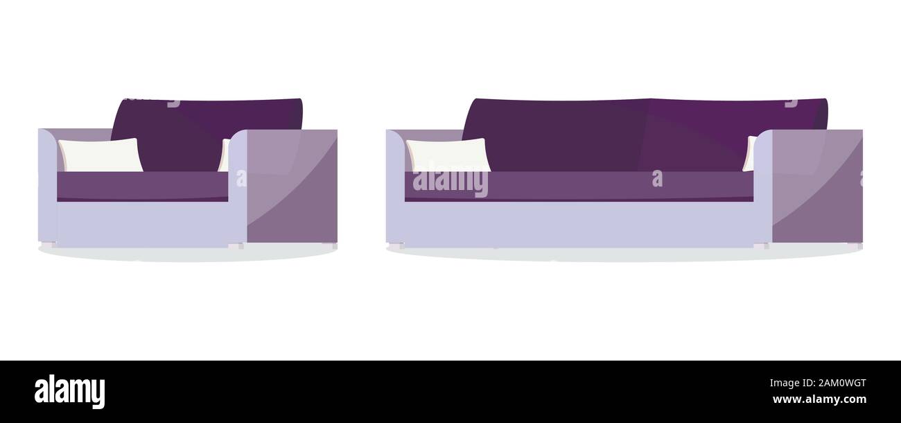 Set di icone di colore viola scuro morbido divano e poltrona con cuscini. Illustrazione Vettoriale