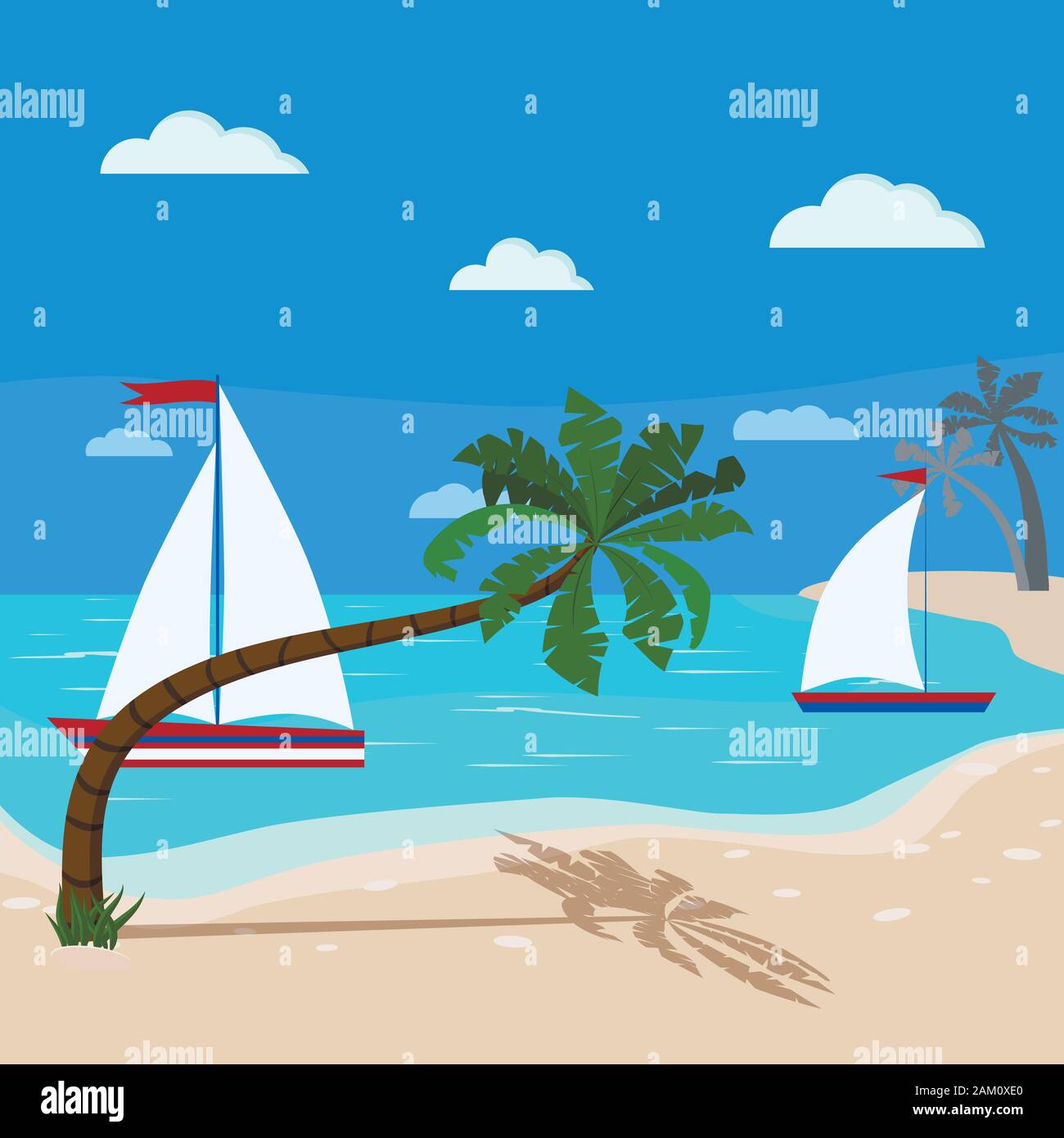 Mare in stile cartone animato piatto con due barche a vela, nuvole, cielo blu, costa di sabbia e noci di cocco vicino al mare. Illustrazione Vettoriale