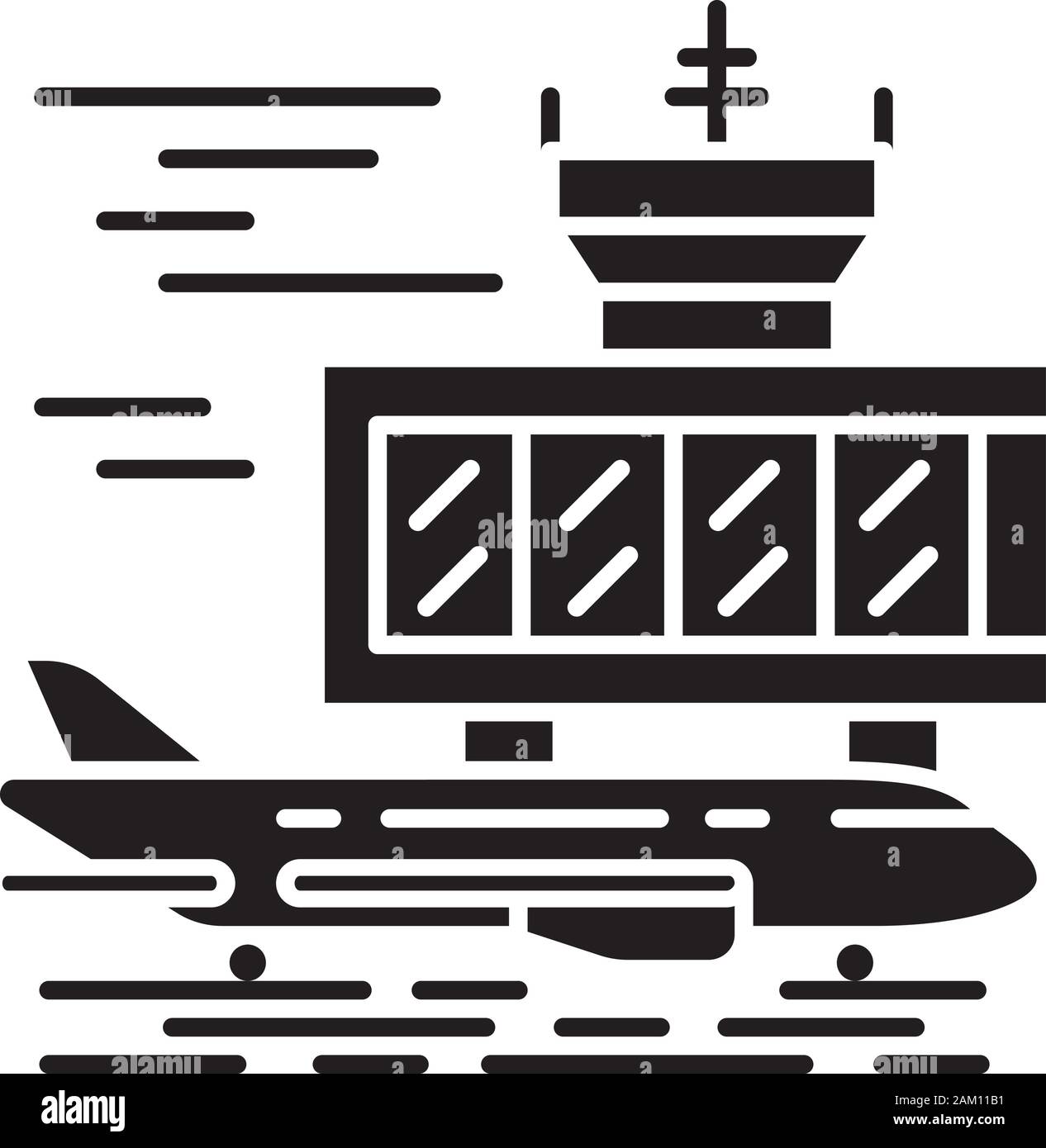 Aeroporto al di fuori di glifi icona. Piano pista. Airplane landing strip. Aérodrome edificio. Aviosuperficie di Jet. Servizio di aviazione. Air terminal. Simbolo di Silhouette. Illustrazione Vettoriale