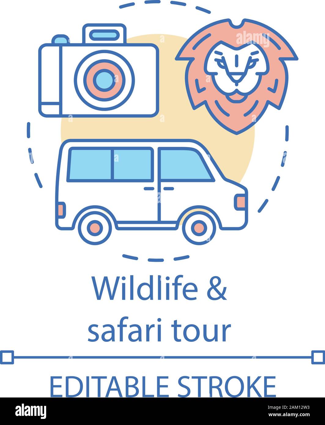 La fauna selvatica e safari tour concept icona. L esperienza di viaggio idea sottile linea illustrazione. Animali selvatici osservazione. Parchi nazionali, conservancies privato. Illustrazione Vettoriale
