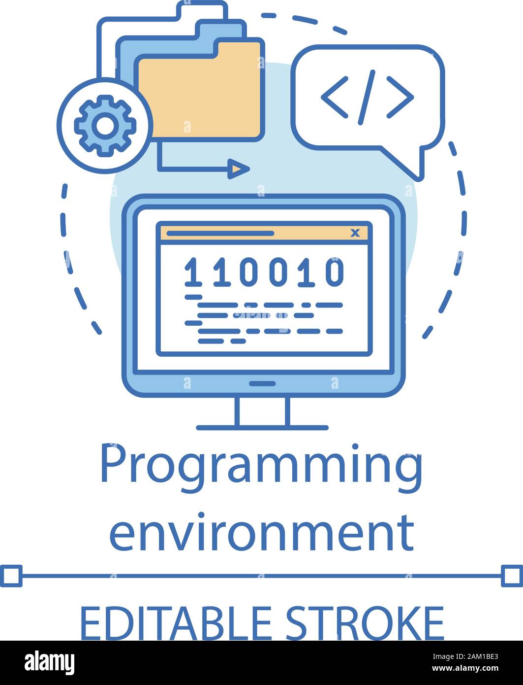 Ambiente di programmazione, il concetto di linguaggio e la relativa icona. Ingegneria del Software, app idea di sviluppo di una linea sottile illustrazione. Esso industria, la scrittura di script. Vettore Illustrazione Vettoriale