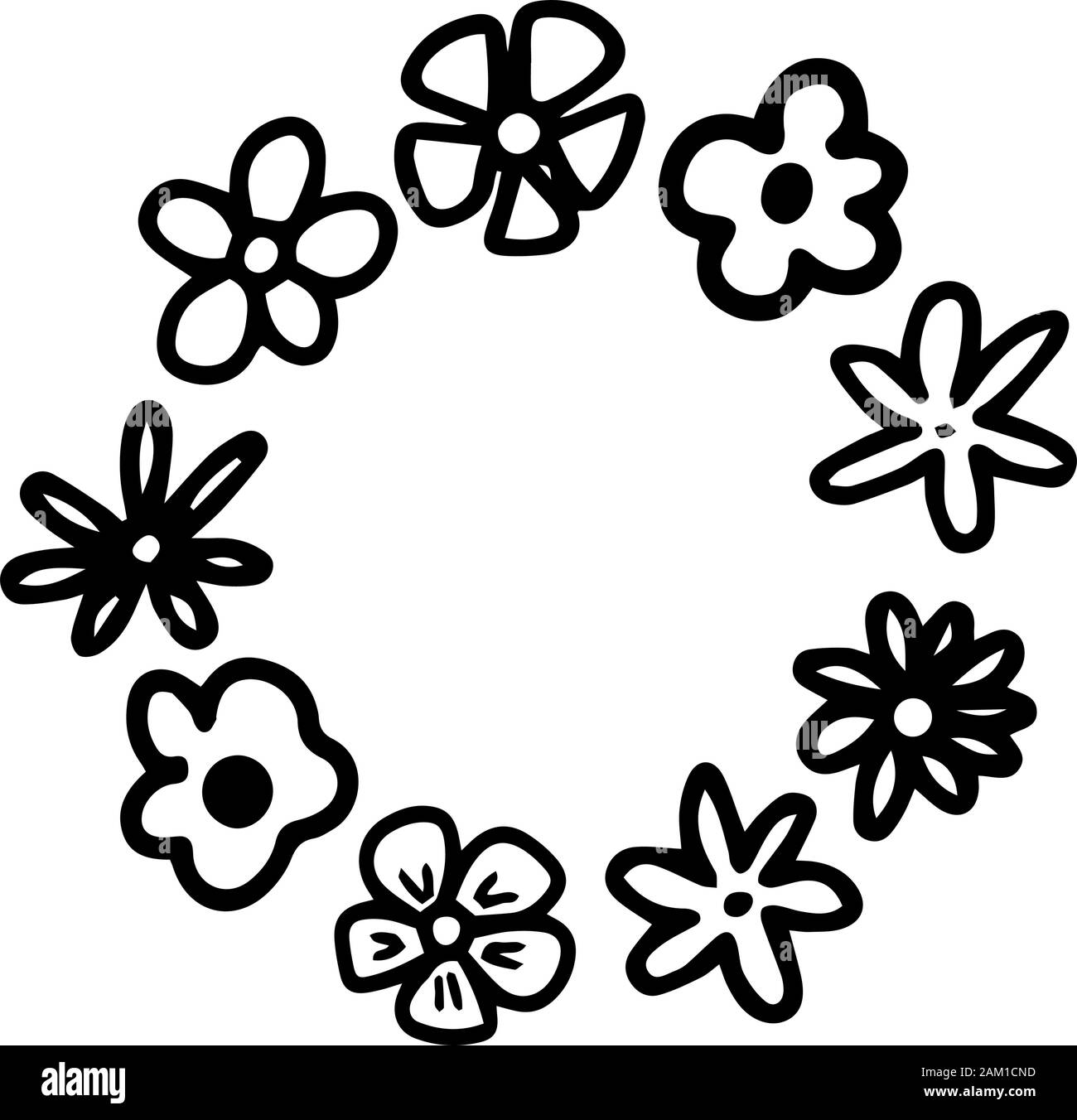 Cartoon carino fiori. Floral cornice rotonda per ovatte di design. Spazio copia i social media decor. Vettore disegnati a mano doodle illustrazione. Progettazione libro per bambini, Illustrazione Vettoriale