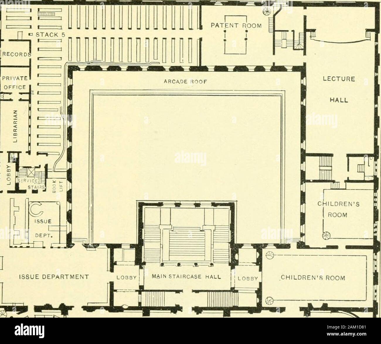 Guida pittorica a Boston e il paese circa .. . Caa^ft CO. Biblioteca centrale. Piano terra. La biblioteca pubblica. 9 La Biblioteca è di duecento e venti-cinque piedi di lunghezza, due hun-dred e ventisette piedi profondo. La sua altezza dal sidewalkto la parte superiore della cornice è settanta piedi. Il materiale utilizzato isMilford granito. In questo colore granito è un bianco grigiastro che,in alcune luci, diventa debolmente tinte di rosa. La libreria isin italiana di stile rinascimentale di architettura, è quadrangularin forma e circonda una corte interna. Il chief caratteristichedella edificio sono la sua semplicità un Foto Stock