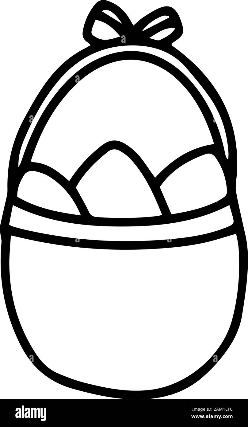 Cesto di pasqua con uova consacrata. Vector doodle illustrazione isolati su sfondo bianco. Contorno disegnato a mano per elemento di design stampa sulla cartolina, Illustrazione Vettoriale