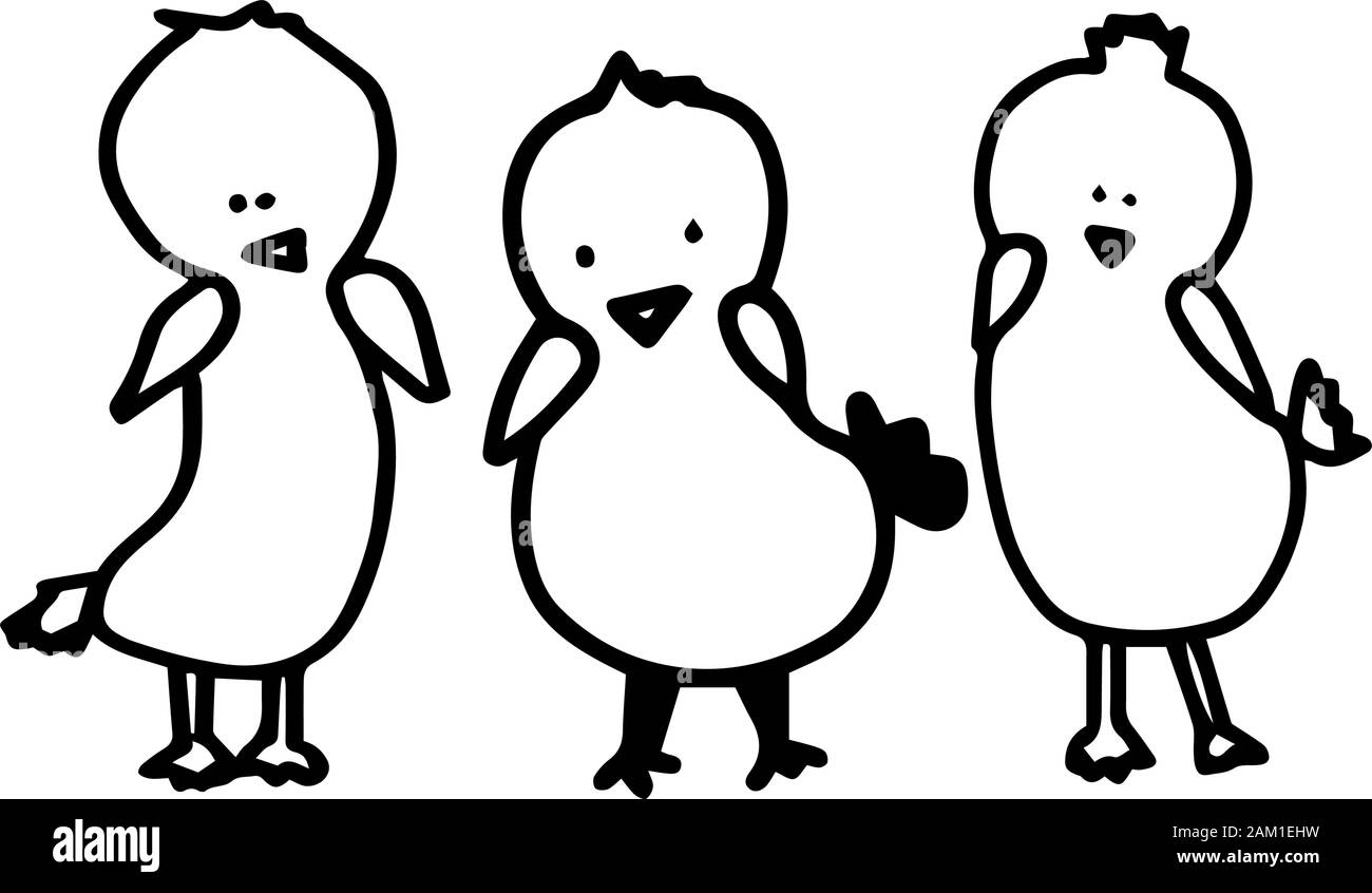 Tre pasqua primavera pulcini. Vector doodle delineare illustrazione isolati su sfondo bianco. Disegno a mano bird. Desing bambini tessile, abbigliamento, invi Illustrazione Vettoriale