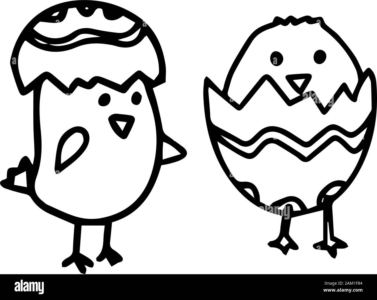 Impostare carino polli in guscio d'uovo. Profilo di vettore doodle illustrazione isolati su sfondo bianco. Concetto felice Pasqua. Desing bambini tessile, colorin Illustrazione Vettoriale
