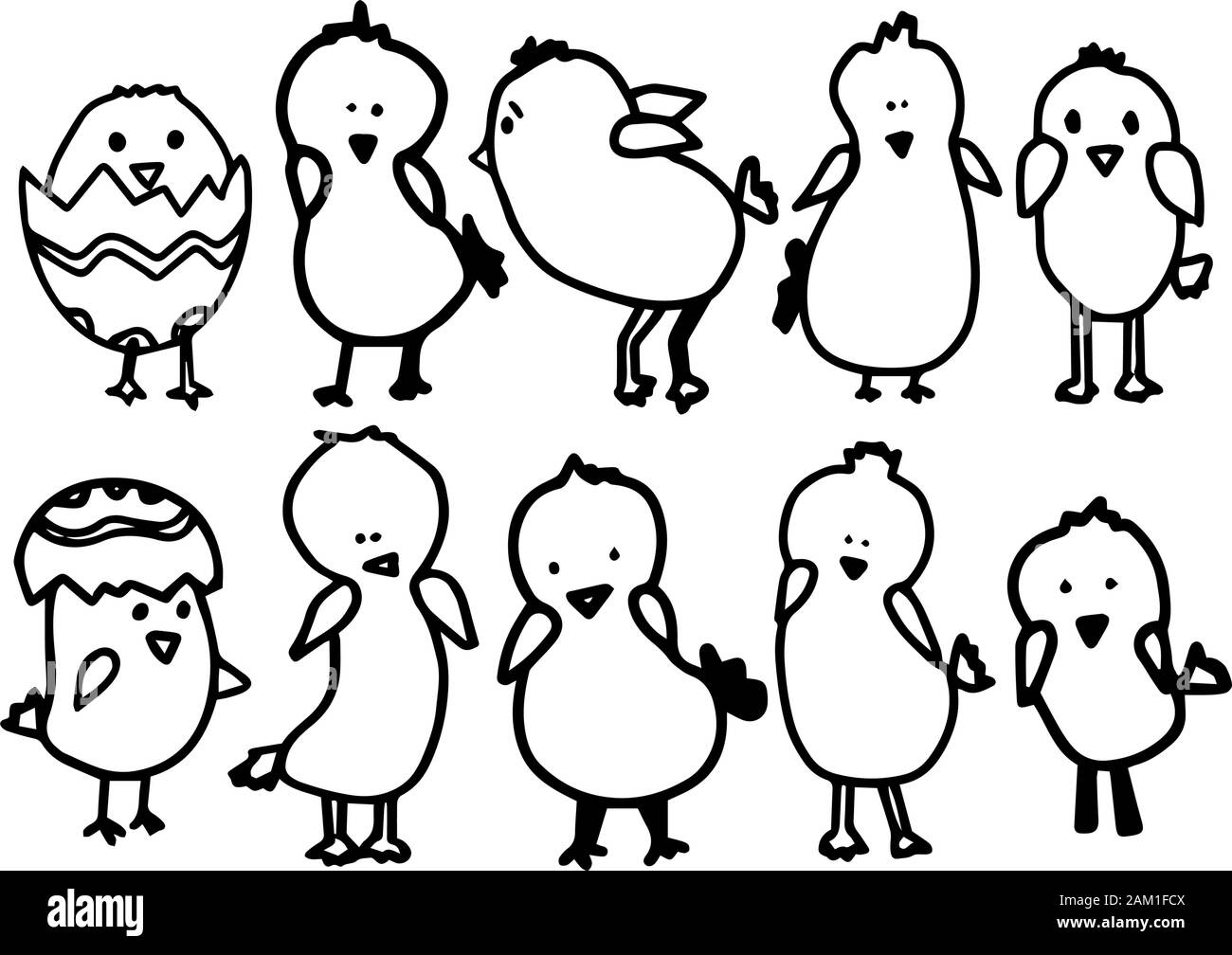 Grande Set carino pulcini. Profilo di vettore doodle illustrazione isolati su sfondo bianco. Concetto felice Pasqua. Desing, animazione bambini tessile, colori Illustrazione Vettoriale