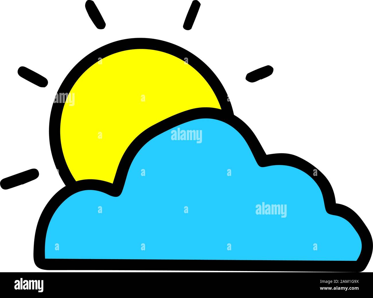 Giallo luminoso sole tramonta dietro una nube di blu. Vector doodle delineare illustrazione isolati su sfondo bianco. Cartoon design per tipi di stampa, logotipo, Illustrazione Vettoriale