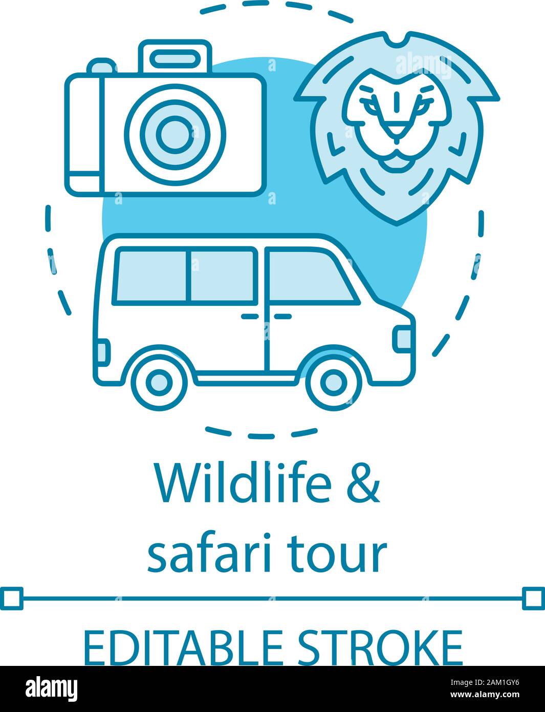 La fauna selvatica e safari tour concept icona. L esperienza di viaggio idea sottile linea illustrazione. Parchi nazionali, conservancies privato. Animali selvatici osservazione. Illustrazione Vettoriale