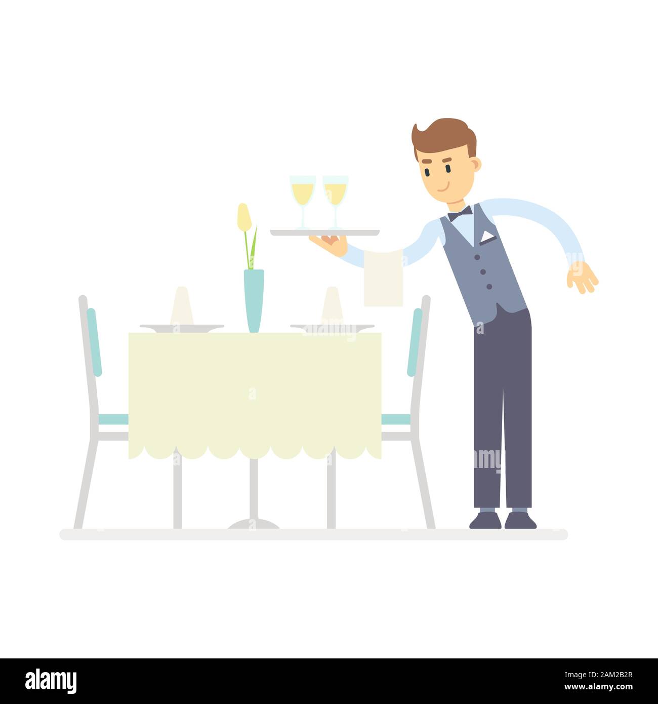 Cameriere di piano tenendo un bicchiere di vino sul vassoio, serve la tabella. Un tavolo nel ristorante viene servita per la cena. Il personale di servizio professione concetto. Magazzino Illustrazione Vettoriale