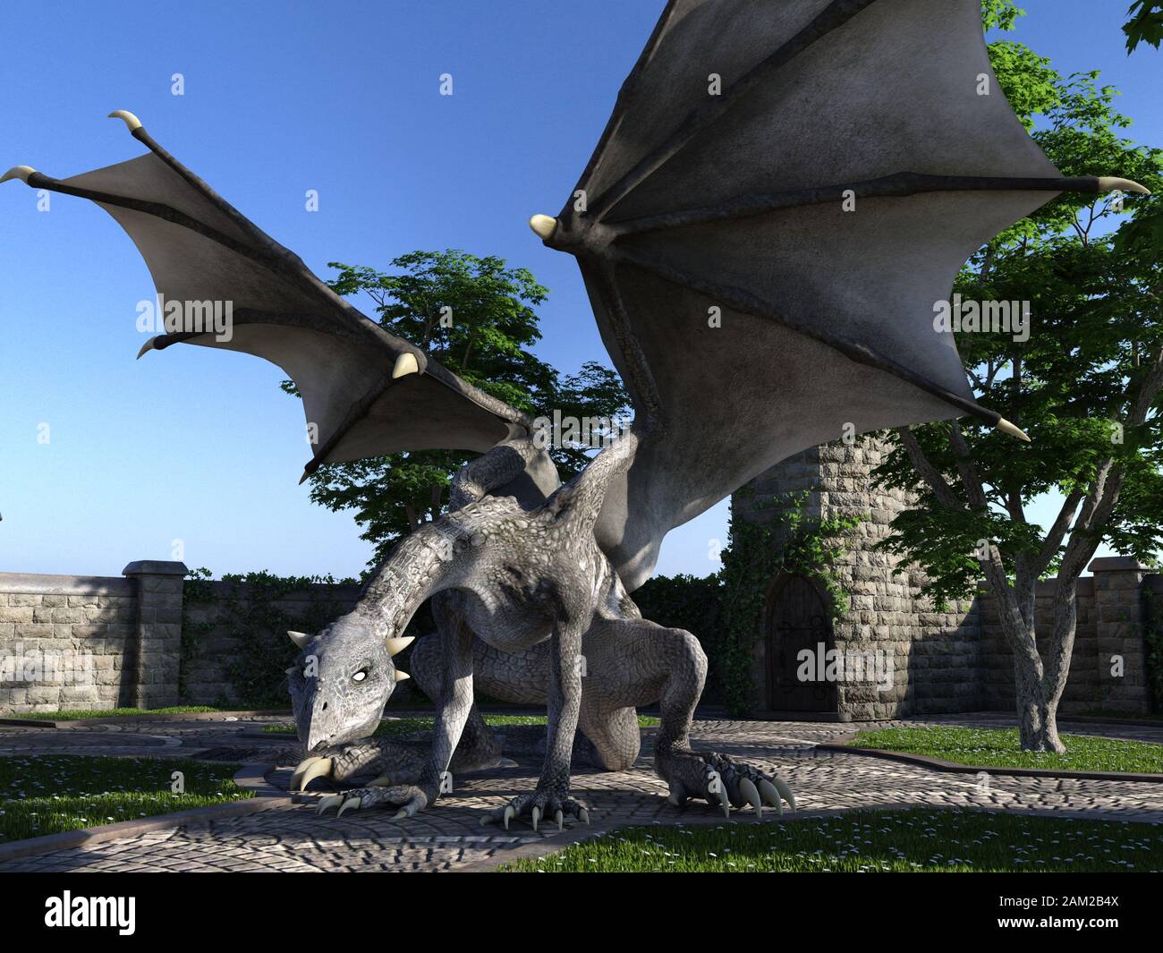 Fantasy Dragon e medievale Torre illustrazione 3D Foto Stock