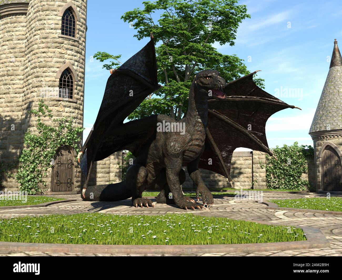 Fantasy Dragon e medievale Torre illustrazione 3D Foto Stock