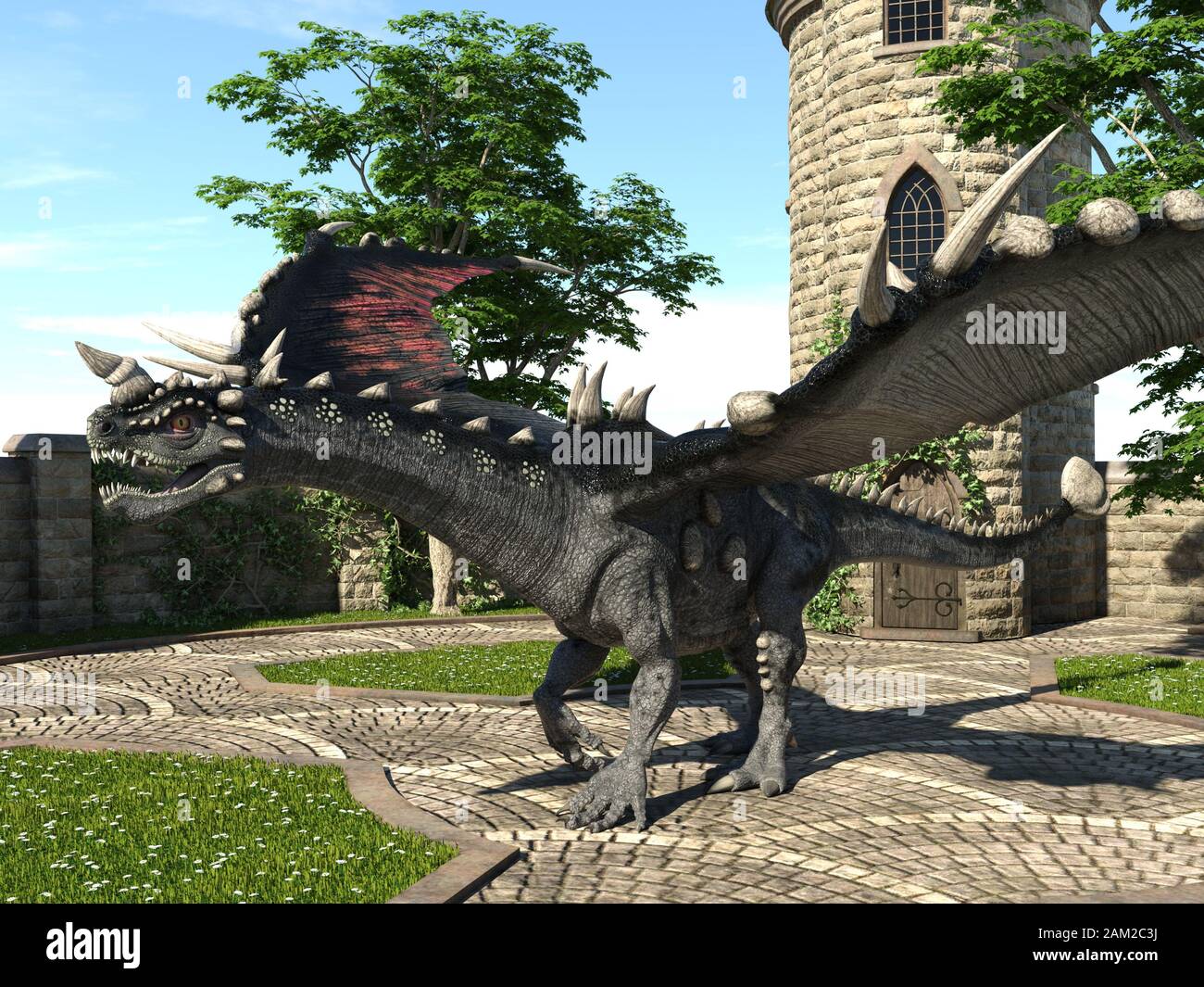 Fantasy Dragon e medievale Torre illustrazione 3D Foto Stock