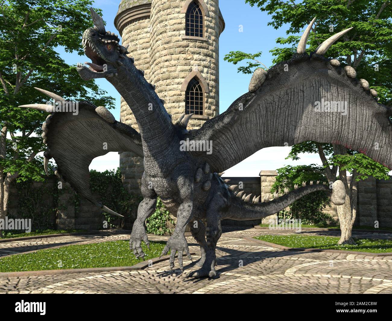 Fantasy Dragon e medievale Torre illustrazione 3D Foto Stock