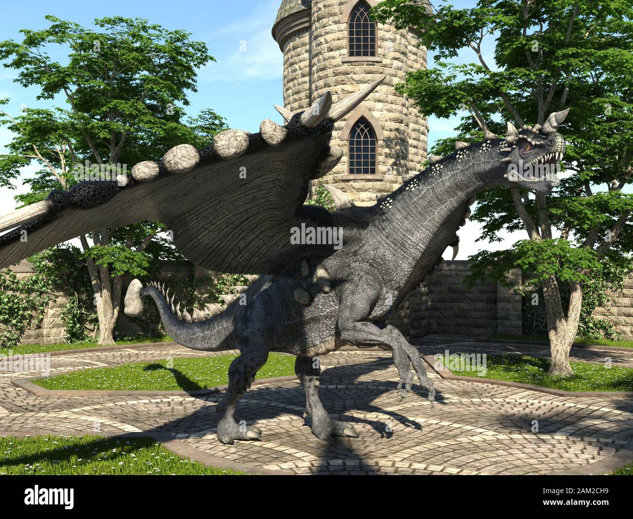 Fantasy Dragon e medievale Torre illustrazione 3D Foto Stock