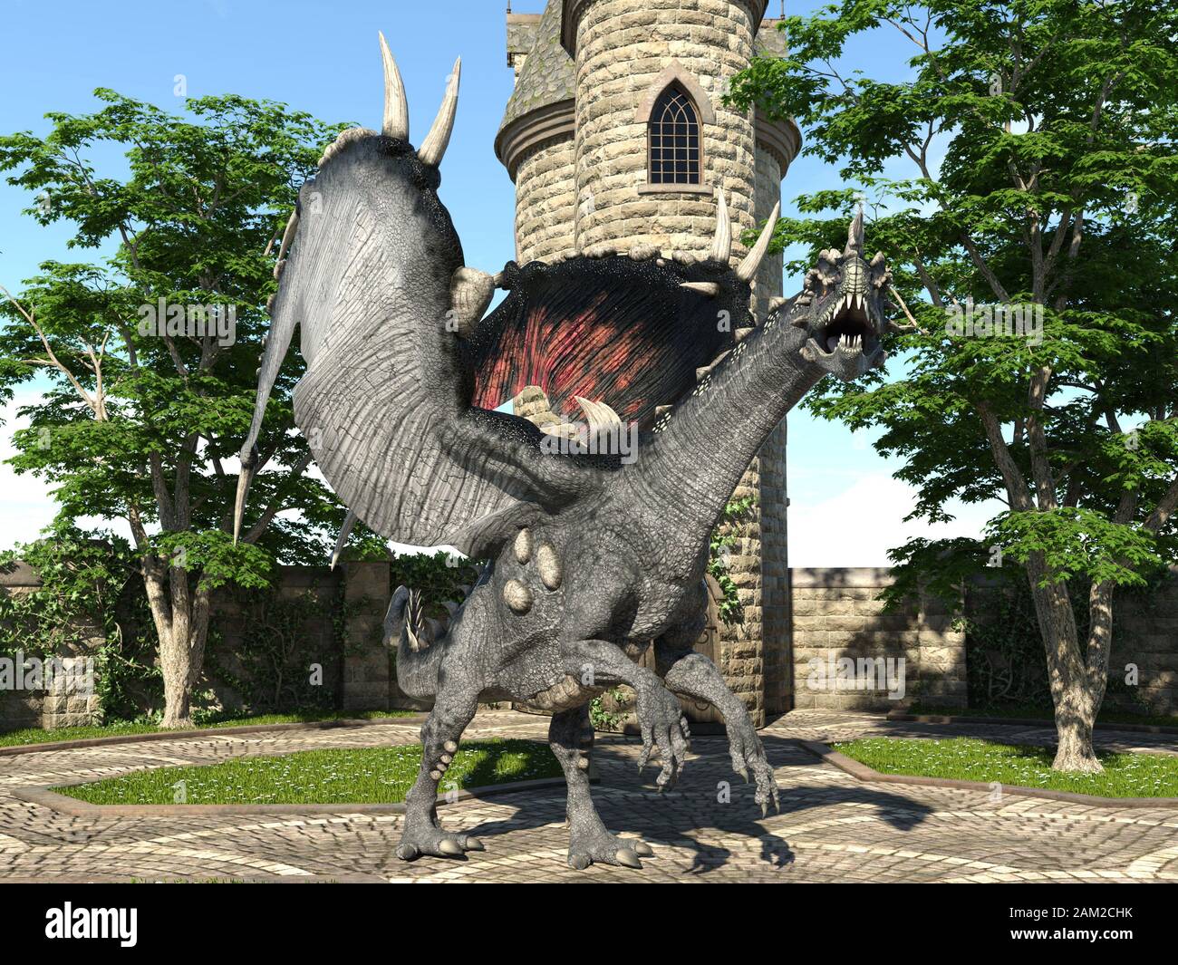 Fantasy Dragon e medievale Torre illustrazione 3D Foto Stock