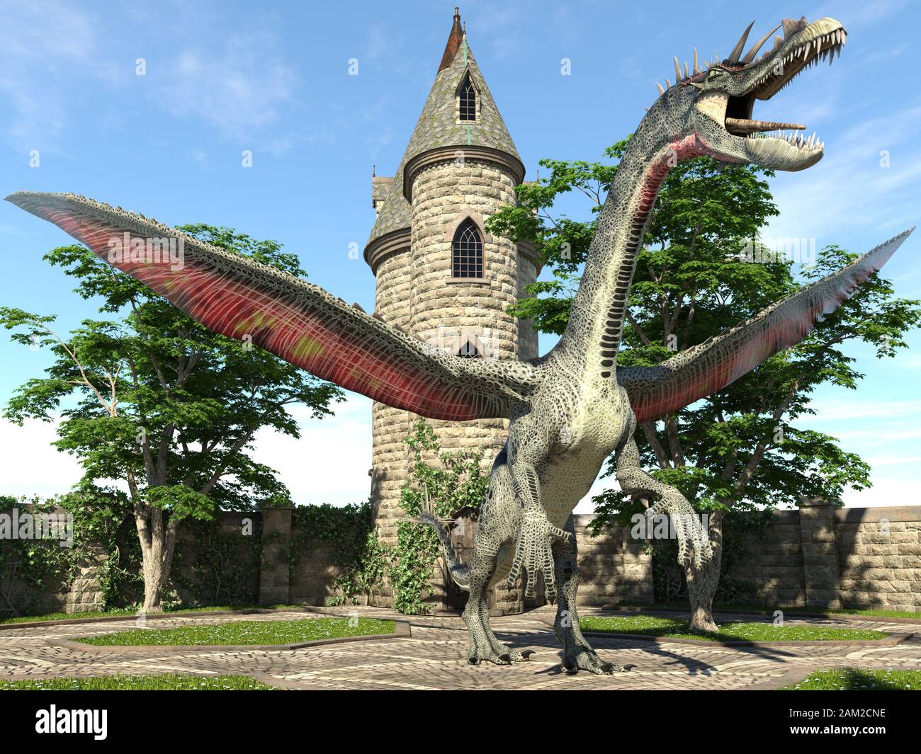 Fantasy Dragon e medievale Torre illustrazione 3D Foto Stock