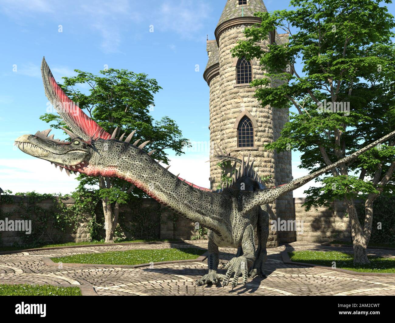 Fantasy Dragon e medievale Torre illustrazione 3D Foto Stock