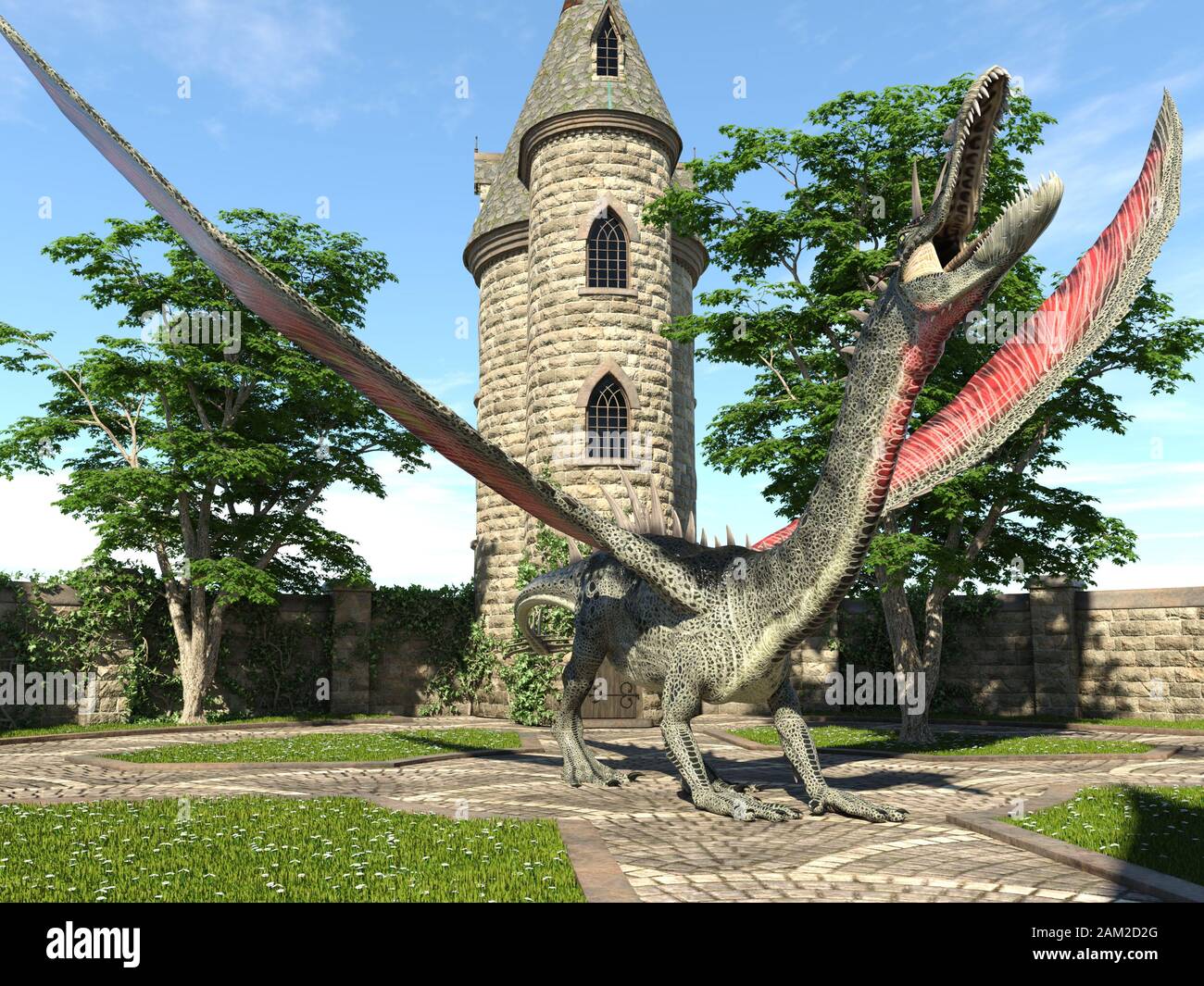 Fantasy Dragon e medievale Torre illustrazione 3D Foto Stock