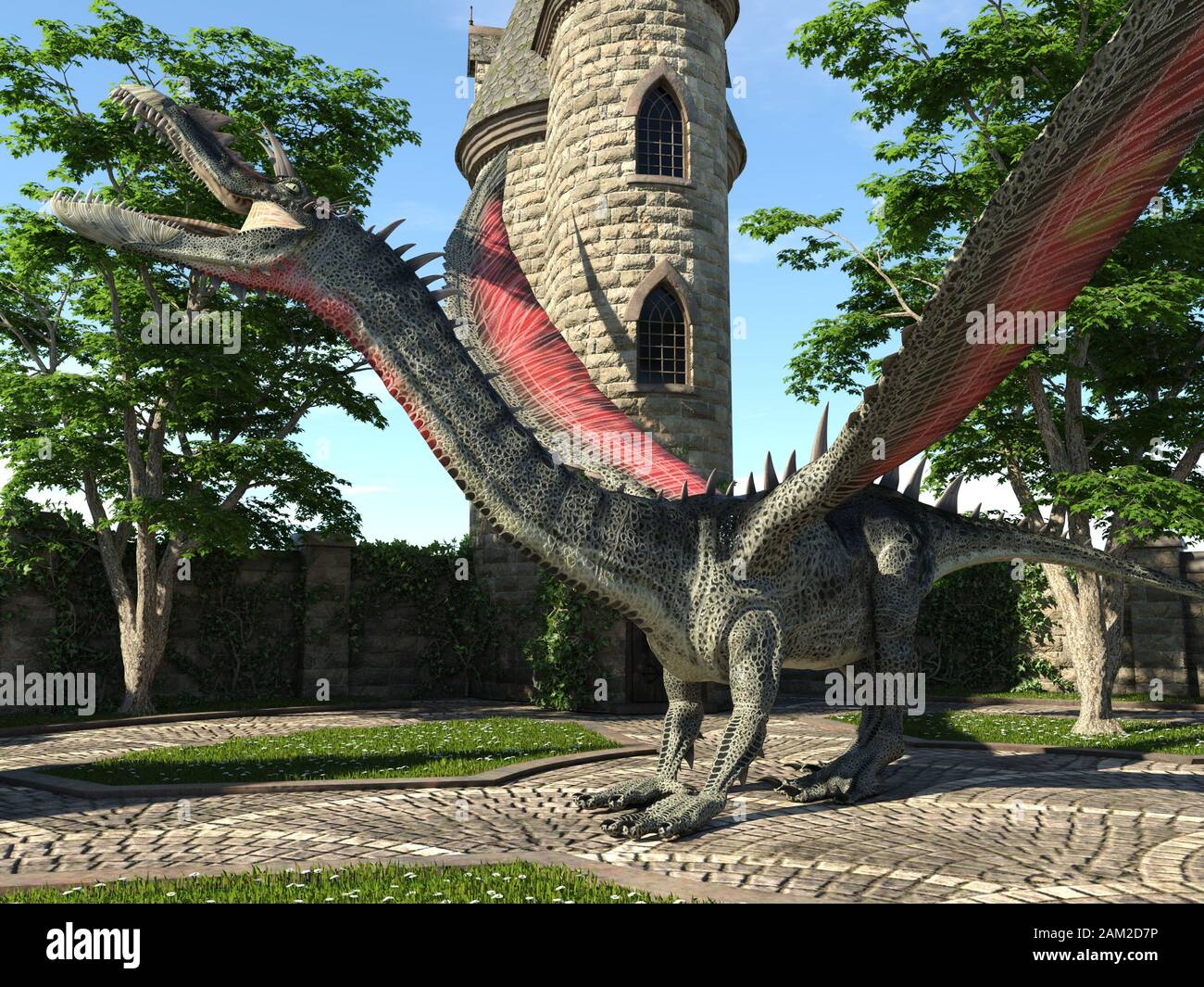 Fantasy Dragon e medievale Torre illustrazione 3D Foto Stock
