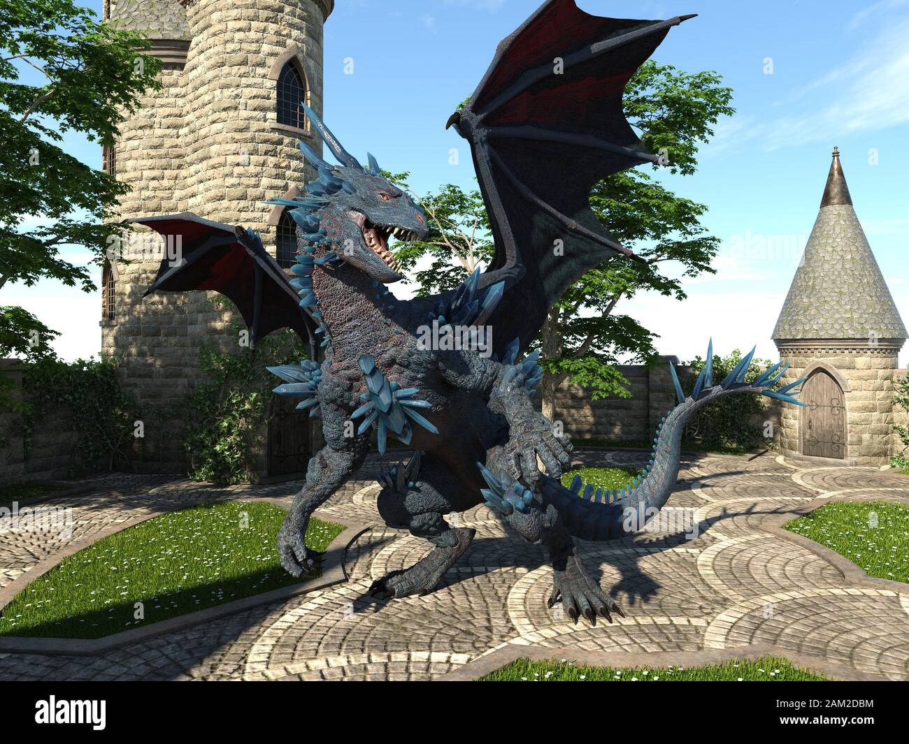 Fantasy Dragon e medievale Torre illustrazione 3D Foto Stock
