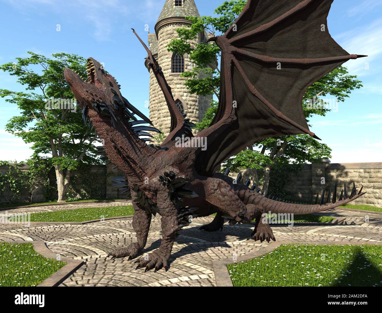 Fantasy Dragon e medievale Torre illustrazione 3D Foto Stock