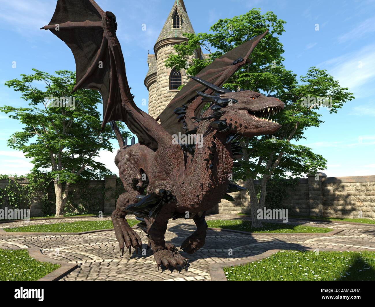Fantasy Dragon e medievale Torre illustrazione 3D Foto Stock