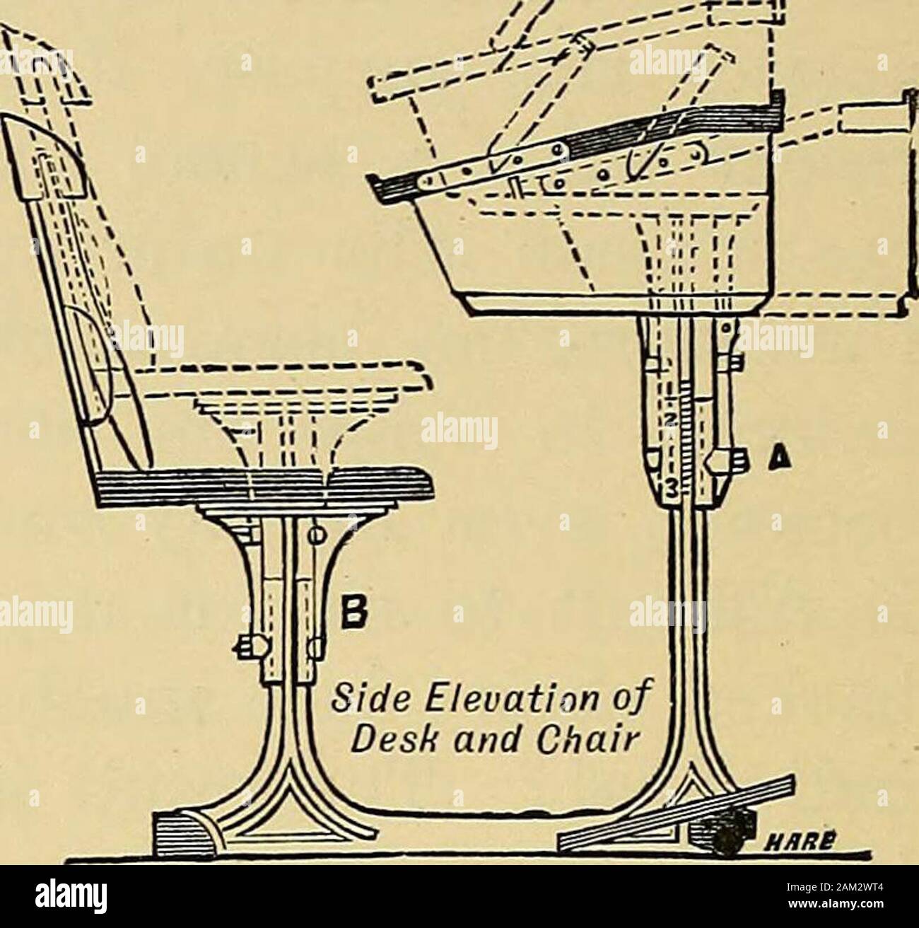 Il trattamento di curvatura laterale della colonna vertebrale : con appendice dando una analisi di 1000 consecutivi di casi trattati dalla postura ed esercitare esclusivamente, senza supporti meccanici . Spiegazione.-mediante la applicazione di una chiave a per A e B, la scrivania e la sede possono beraised o abbassato a qualsiasi altezza desiderata. Desk top scorre orizzontalmente. La scrittura di pendenza a 15°, con lettura a 40°. prenota (vedere fig. 16). Per suonare il pianoforte, l'samerules applicare, l'ordinario musica-sgabello dovrebbe essere scartato,e una sedia con uno schienale alto impiegato, che verrà anche Fig. 16. Foto Stock