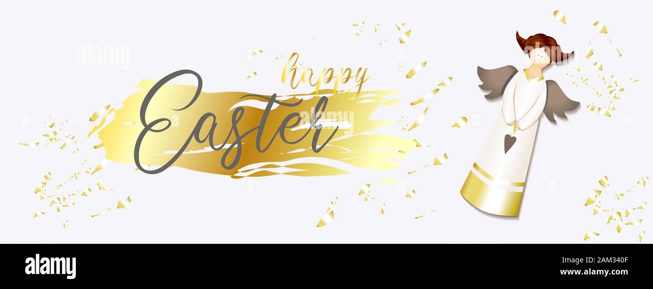 Banner di pasqua. Poster orizzontale, cartolina, intestazioni di sito web, lo sfondo con il testo felice Pasqua. Angelo su uno sfondo luminoso. elegante. Gold Brush strok Illustrazione Vettoriale