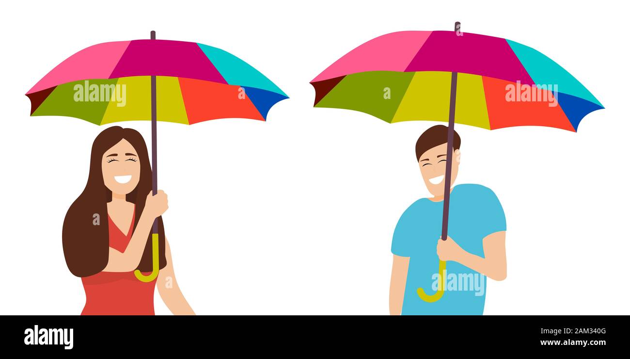 Uomo e donna con ombrello arcobaleno in un buon umore isolato su bianco Illustrazione Vettoriale