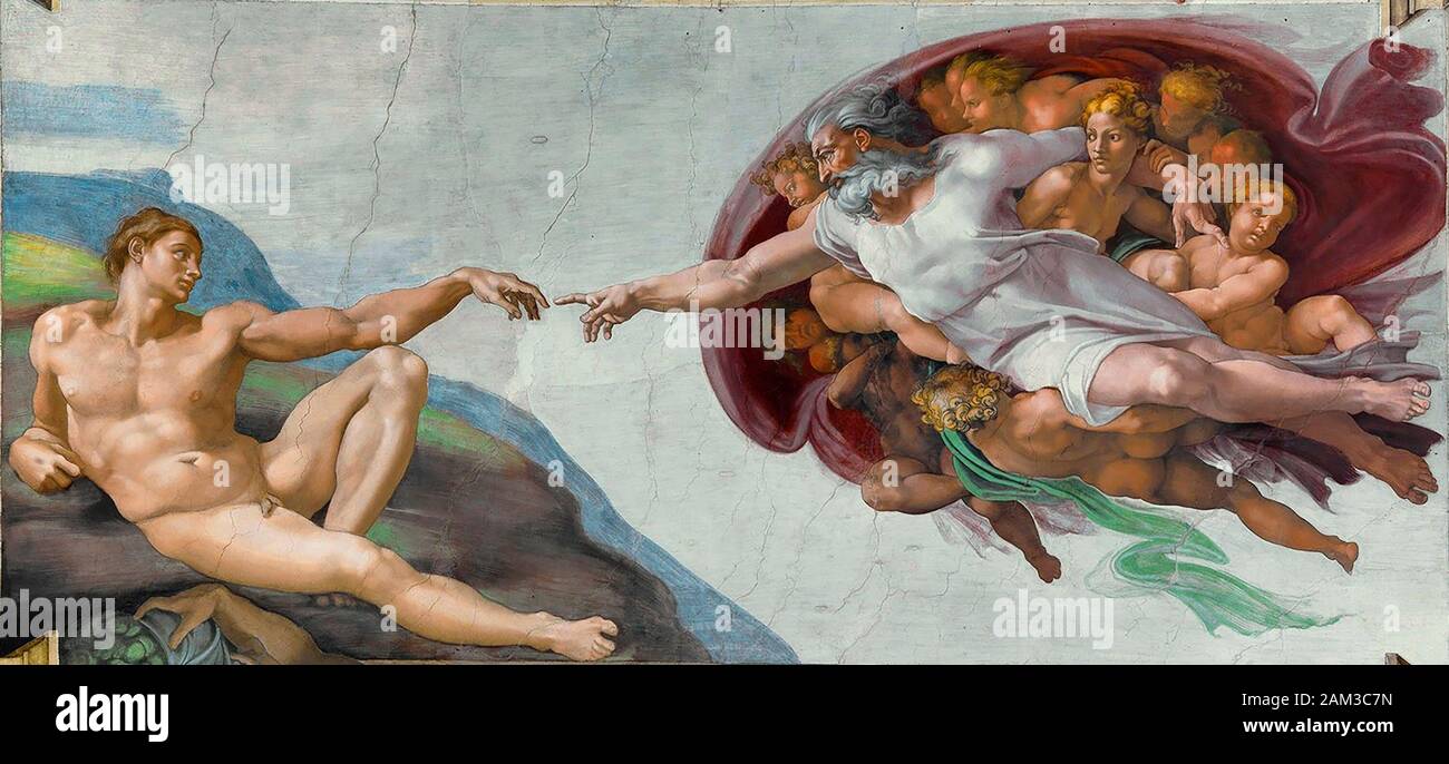 LA CREAZIONE della pittura ADAM fresco nella Cappella Sistina, Roma, di Michaelangelo Foto Stock