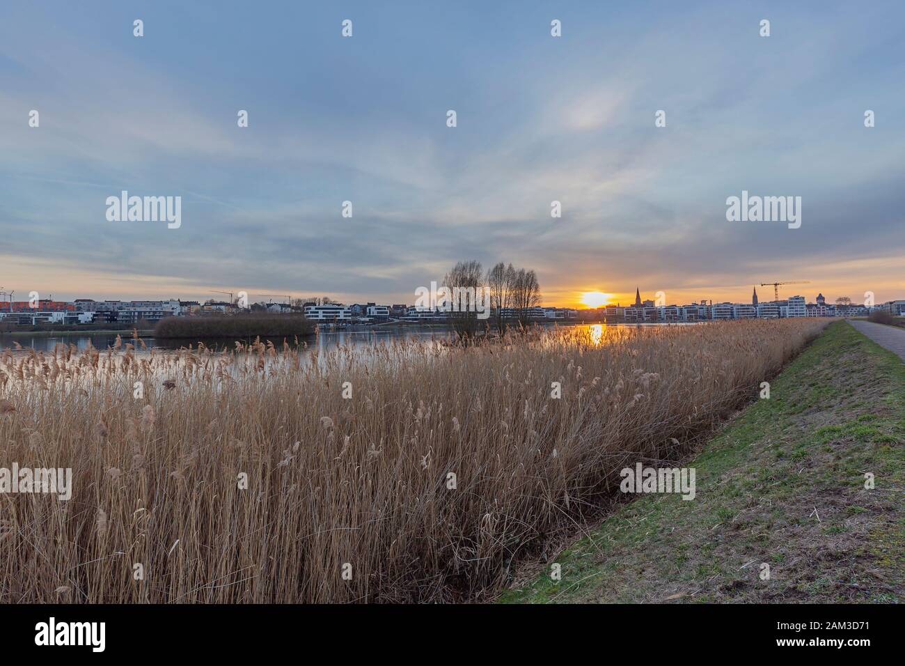 Dortmund - Panorama Del Lago Phoenix Al Tramonto, Westfalia Del Nord Reno, Germania, Dortmund, 13.02.2019 Foto Stock