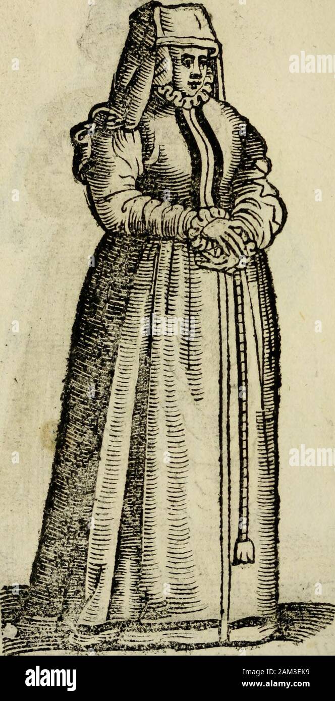 Habiti antichi; . Nella Lorena fufano unconticróda ed-pò fatto di bianchì &LT;veli che li cuopre i capelli tutti Je loro parque Ve (li fono di ci ambe lottaper il più, con hiifto tondo, md aperto per d^ urnii. Un ho io HabitjdelUFrancia Libro Secondo. In Val di montarla apprefo alla Lore-va le donne portano in tefta unpanno nero& le Ve (fidi faìaFiormùna, fono moltomodelle nel Vepre, &faui enfiano di co-tori di ver fi. Habiti dellaSpàgna Libro Terzo, io ho r Foto Stock