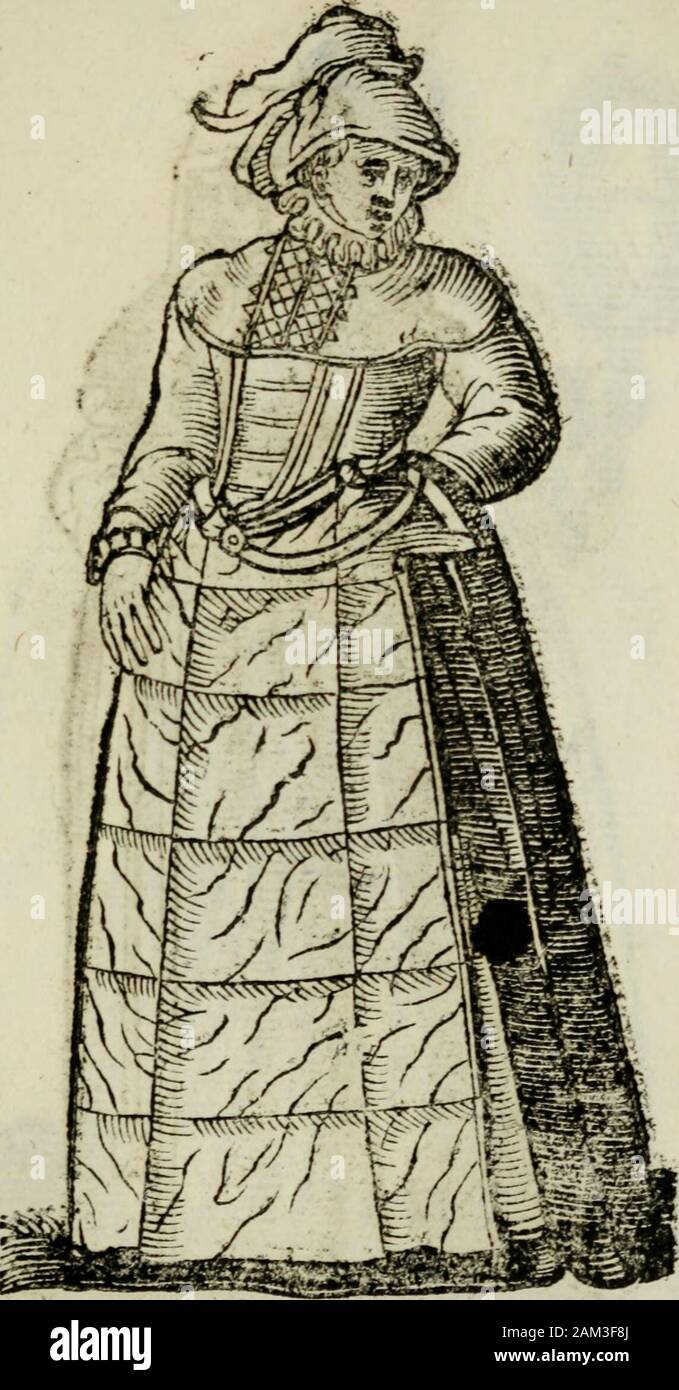 Habiti antichi; . /Novi li Borgognoniporiano in t esalte-rei te di Velutosricche di bellijftme penne, ecordoni doro^f orfano collane, &Jopra le/palle onu t ab ar retto dir afa o Ve luto. Libro fecondo v. Nella Lorena fufano unconticróda ed-pò fatto di bianchì &LT;veli che li cuopre i capelli tutti Je loro parque Ve (li fono di ci ambe lottaper il più, con hiifto tondo, md aperto per d^ urnii. Un ho io HabitjdelUFrancia Libro Secondo Foto Stock