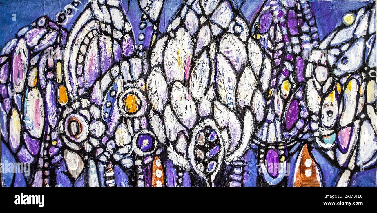 Disegnata a mano di pittura acrilica. L'arte astratta sfondo. Pittura Acrilica su tela di canapa. Colore e struttura. Frammento di opere d'arte. Pennellate di vernice. Ar moderno Foto Stock