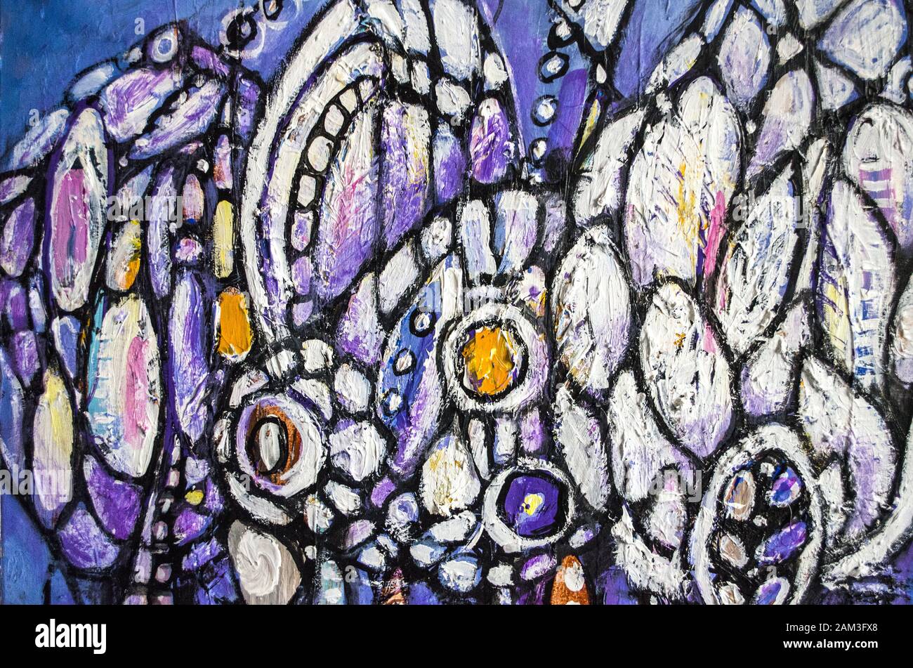 Disegnata a mano di pittura acrilica. L'arte astratta sfondo. Pittura Acrilica su tela di canapa. Colore e struttura. Frammento di opere d'arte. Pennellate di vernice. Ar moderno Foto Stock