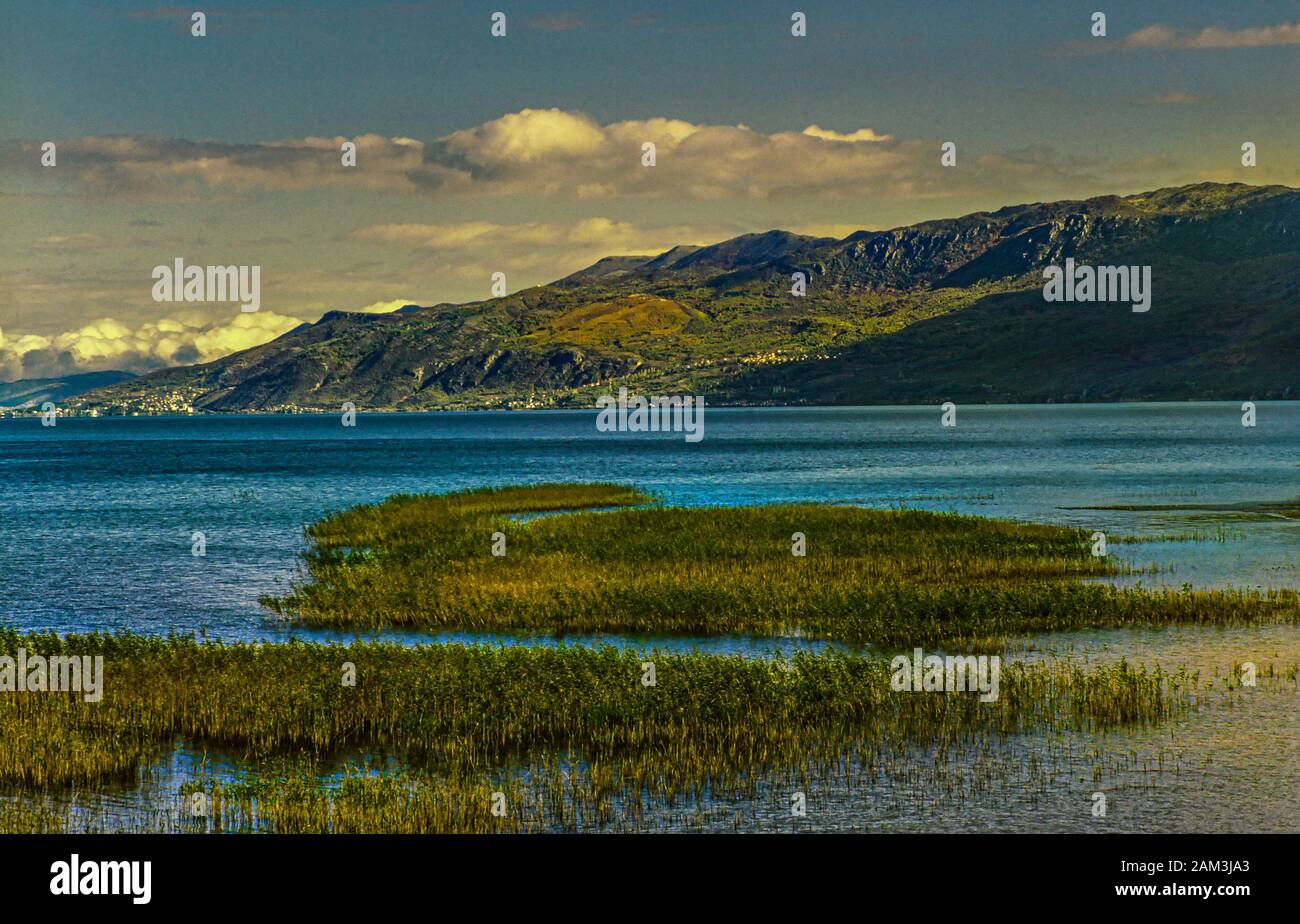 Vista del lago Ohrid, uno dei più antichi della Terra, in Albania al confine tra Macedonia e Albania. Pogradec, Korçë, Albania, Europa Foto Stock
