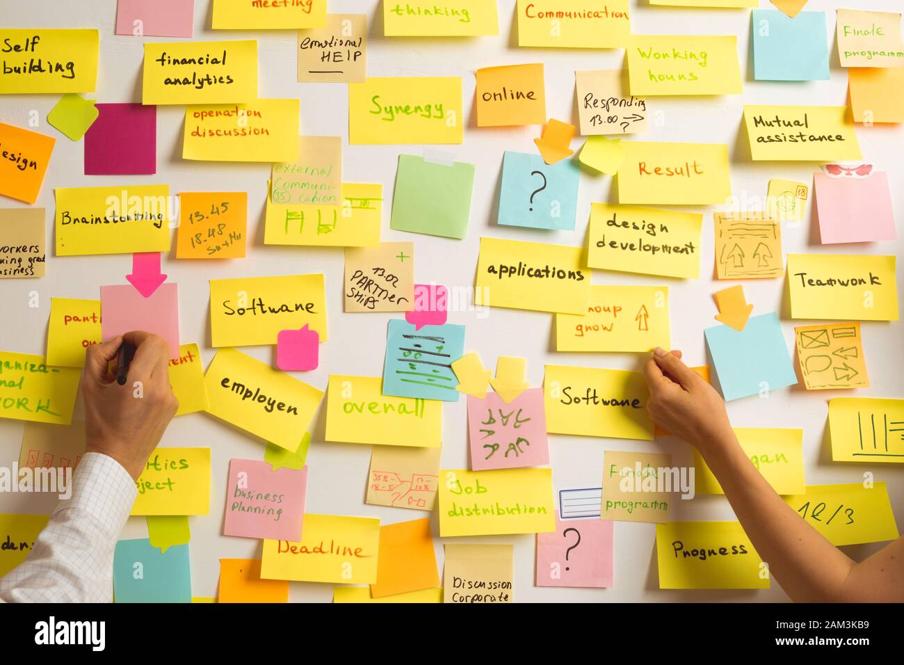 Gli uomini d'affari scrivono una nota importante, usando sul posto degli adesivi di carta. Brainstorming, lavoro di squadra. Foto Stock