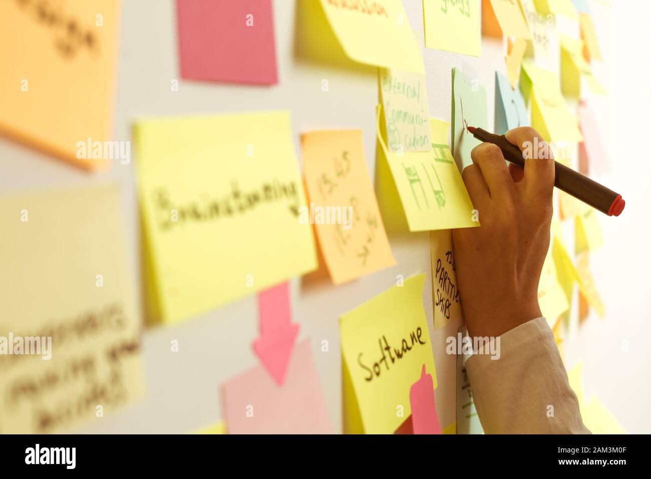 La gente di affari usa il alberino appiccicoso delle note, scrivendo giù le idee. Lavoro Di Squadra. Foto Stock