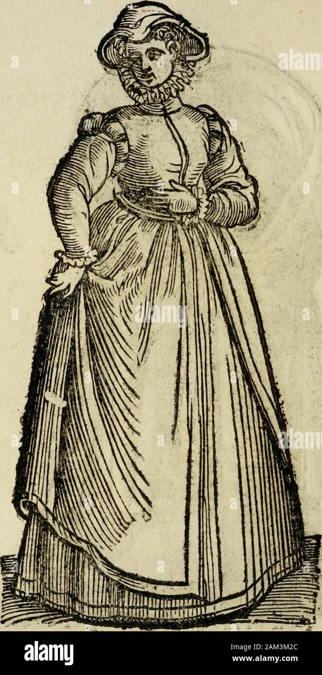 Habiti antichi; . Le Gentildonne ÀAnucrfo di Èraba-tiàportano Onu a mantello fiottile, e nobile, fo-drato di-panno appuntano quale [opra làfrónte y e poi con un filo dt rame fanno farquei(gonfio, 102, Habiti della Eranci^.. IlHabitofopirapofio che ufauano. le don-ite di Bracanti un ser affai bello, £tf osso fio,il e onderò di te un fi erafimile advna ber et-ta, le^efli erano difeta&GT;& dalla cefìturangiù aperte. Libro secondo. 10J Foto Stock