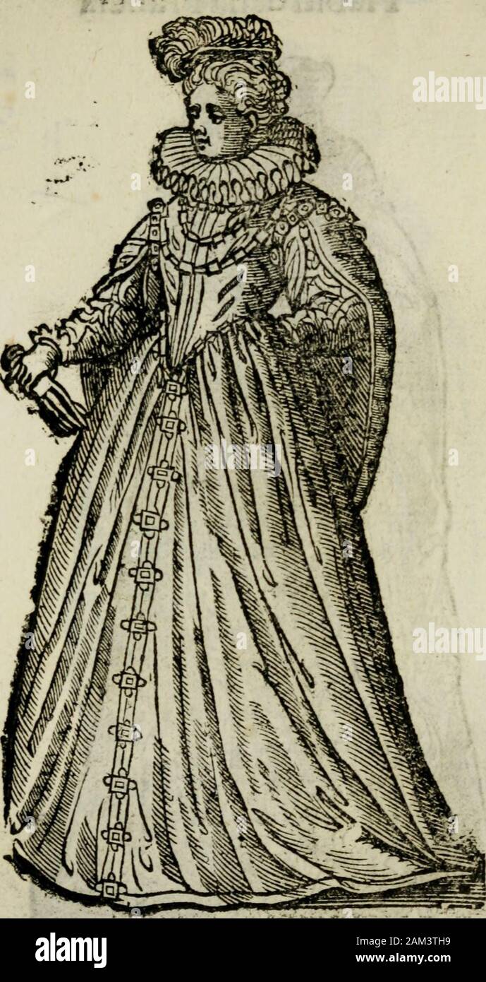 Habiti antichi; . DBlàlito antico dì Francia epoca, ih e idone p&rtduano fèmpre in mano &LT;vna cop&rra^jtlafciauma i e ape Ut ear [parfifele (palle accompagnati con fili diperle ehperirne te ni arrichiuam il$&fkié$t il-a pett Libro secondo". 193 LeSpoje JNobiU traile fé anticamente*?ortauano in capo una berretta di Velutonegrojinta di gioie con unapenna^ vfa-no n.a. Ve fi e lunga fino a terra di Velatolodibrocato. N • *94 Habici della Francia Foto Stock