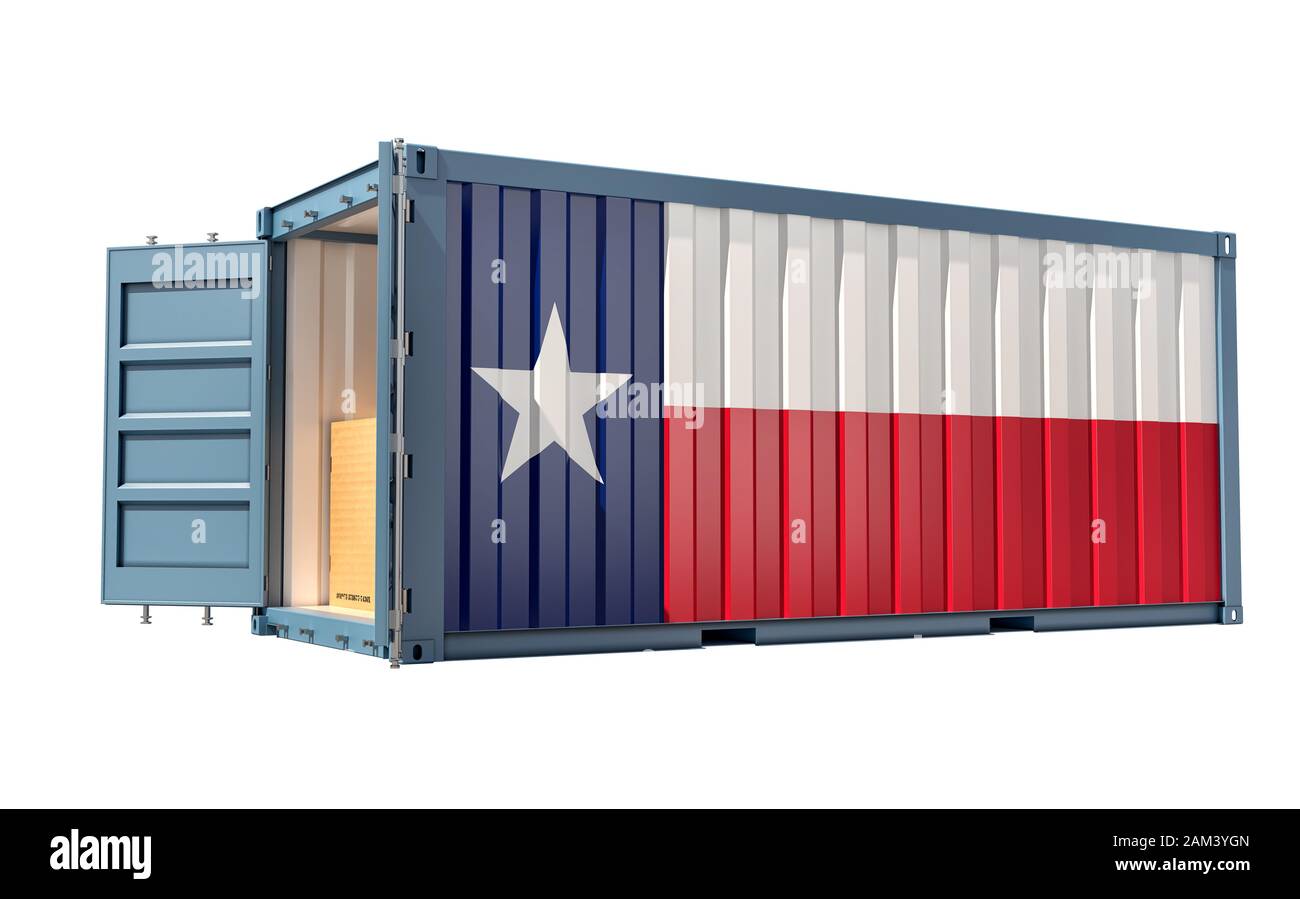 Container con bandiera del Texas - isolato su bianco. Rendering 3D Foto Stock