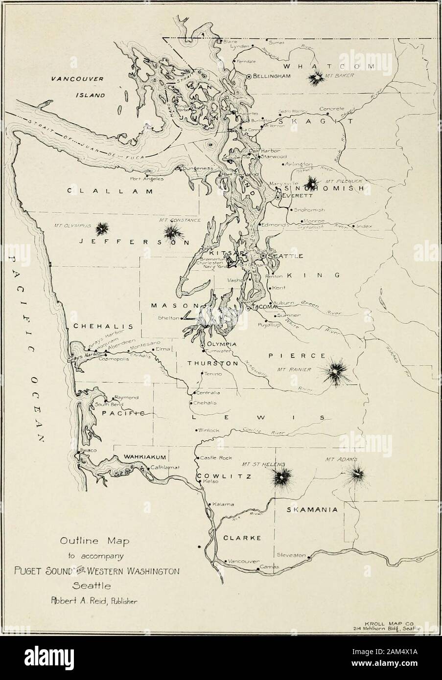 Puget Sound e western Washington; città--città--paesaggio . Deception Pass, tra Whidby e Fidalgo Isole. Mappa di contorno di Puget Sound e WESTERN WASHINGTON questa mappa semplice è inserito che i lettori possono avere a portata di mano, qualcosa per indicare le posizioni relative delle contee di Western Washington, illustrati e descritti. Foto Stock