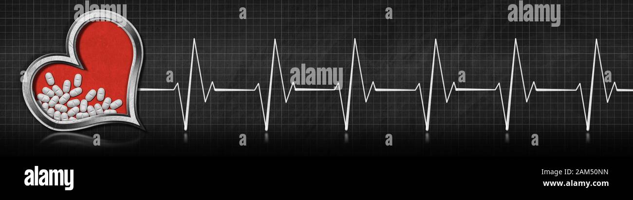 3D illustrazione di un cuore rosso con pillole bianche e telaio metallico, su una lavagna con disegno gesso di un ritmo cardiaco, elettrocardiogramma Foto Stock