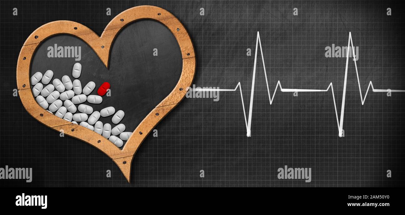 3D illustrazione di una lavagna a forma di cuore con pillole bianche, un rosso (fotografia) e un ritmo cardiaco, elettrocardiogramma Foto Stock
