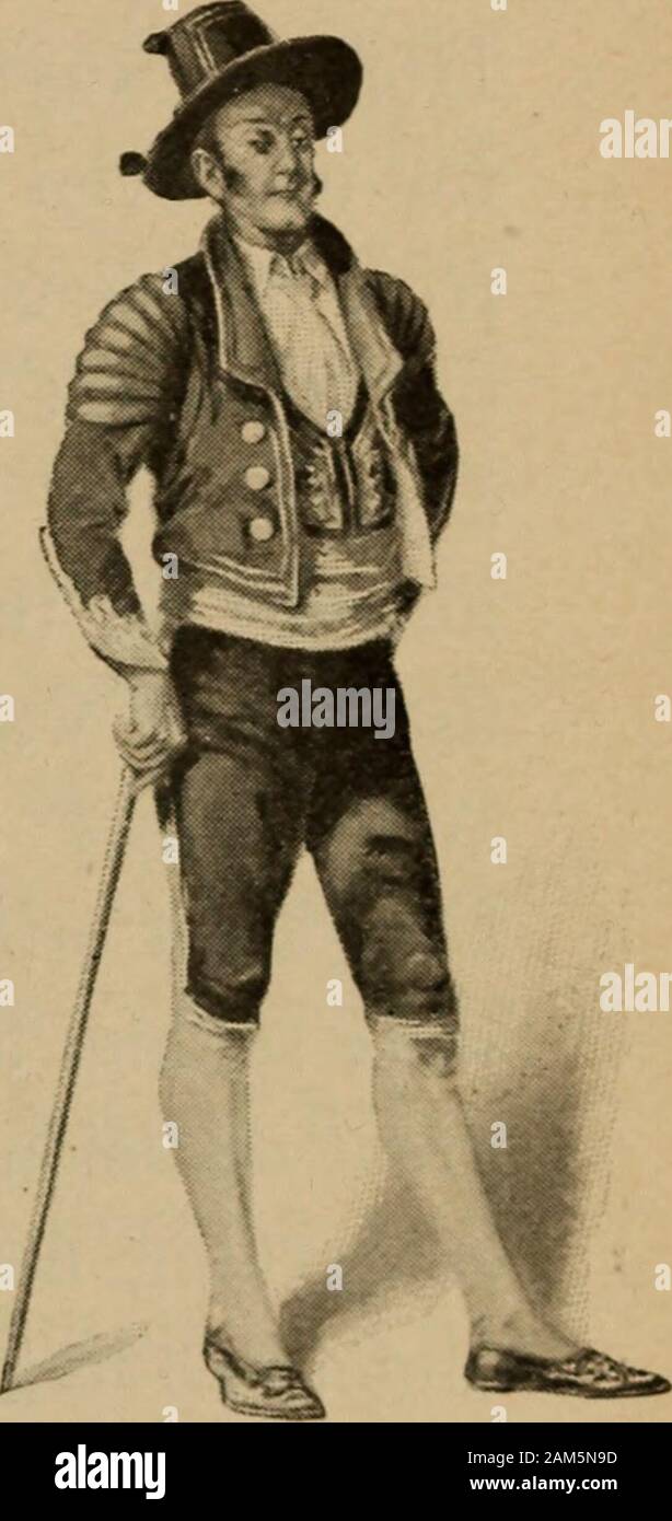 Gli spagnoli nel sud-ovest . aiuto un nero silkhandkerchief. La HAT è stato un ampio som-brero, con cui tutti i Californians di al-giorno sono bene a conoscenza. Il serape, orcloak, non venne mai meno, anzi essa oftenindicated il rango del suo proprietario. Esso wasa grandi, la piazza coperta, una fessura nel middlefor passando sopra la testa. Ricchi menwore serapes costose di broadcloth, heavywith velluto e altre rifilature, mentreil più poveri uomini indossava economici mantelli di thecoarse panno di lana tessute a missioni.Il signore anche divertiti a colori luminosi.la mussola mantello era spesso flounced withscarlet e fissato in vita da Foto Stock