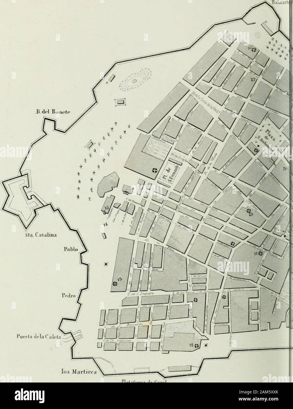 Cà¡diz un la guerra de la Independencia, cuadro historico . El teatro estarÃ¡ iluminado.âA las siete. CÃDIZ: EN LA IMPRENTA TORMENTARIA: 1812. EXPLICACIÃN DEL Plano de la ciudad. 1 Aduana. 16 2 Ayuntainientu. 17 3 Convento de San Juan de Dios. 18 4 Convenio de Sto. Domingo. 19 5 Convento de la Merced. 20 6 Casa de D. J. Nicasio Gallego. 2 Io 7 Sta. La Iglesia Catedral. 22 8 Catedral Nueva que se construÃ-a. 23 9 Convento de los Descalzos. 10 Casa del Suor Duque de Rivas. 24 11 Ho.spital de Mugeres. 25 12 Capuchinos. 26 13 Hospicio. 27 14 Plaza de las Barquillas de Lope. 28 15 Cuartel de voluntarios Foto Stock
