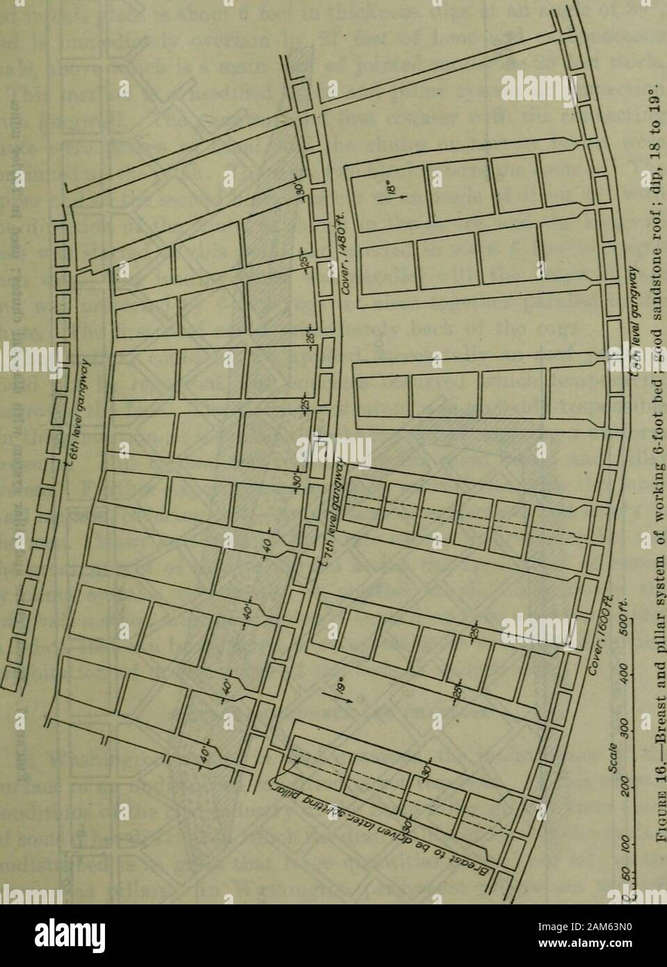 Bollettino . et condizioni insolite presso la miniera di Taylor. Il bedaverages circa 5 piedi in spessore, cali di circa 70°, e presenta due pareti goodshale, ma il carbone è fortemente disturbato dalle intrusioni ignee.Lo sviluppo segue il solito personalizzato come lontano come piste, passerelle,e contatori sono interessati, ma si differenzia nel metodo di scivoli drivingthe. Sei-piede scivoli sono continuati fino il passo completo del bedfor una distanza di 18 metri al di sopra del banco, dove chutesare diagonale azionato in entrambe le direzioni, che forma un angolo di circa 100° betweenthem. La parte principale dello scivolo è continuato in questo directiondiago Foto Stock