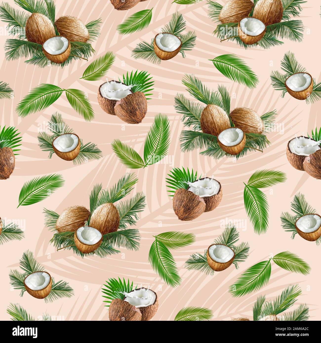 Seamless motivo floreale con noce di cocco e foglie di palma. - Illustrazione Foto Stock