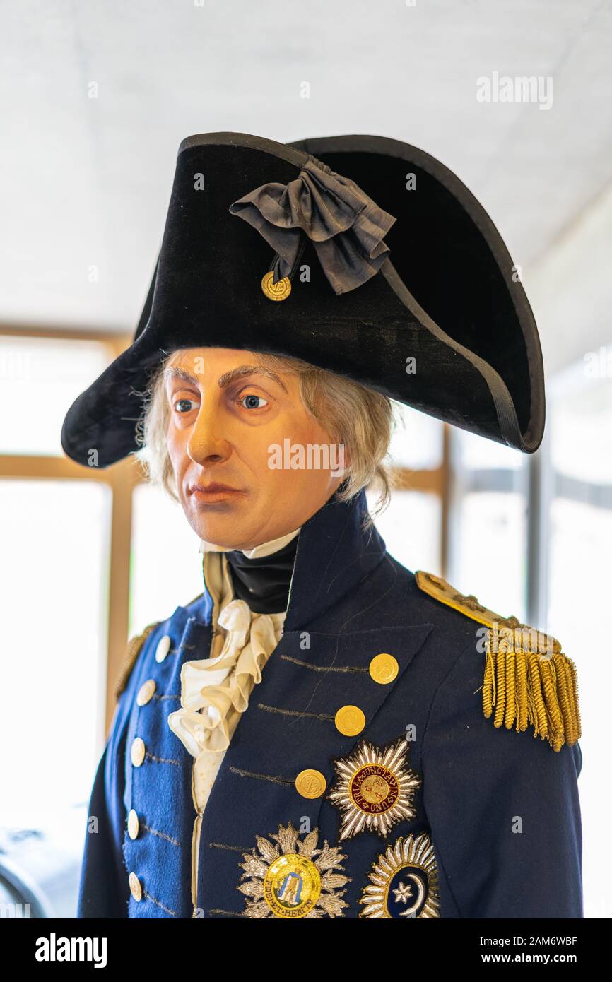 Una statua dell'ammiraglio Lord Nelson il capitano della HMS Victory Durante la battaglia di Trafalgar Foto Stock